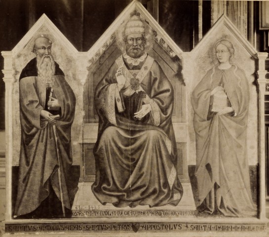 Anonimo — Maestro di Sant'Ivo - sec. XV - San Pietro in trono tra sant'Antonio Abate e santa Maria Maddalena — insieme
